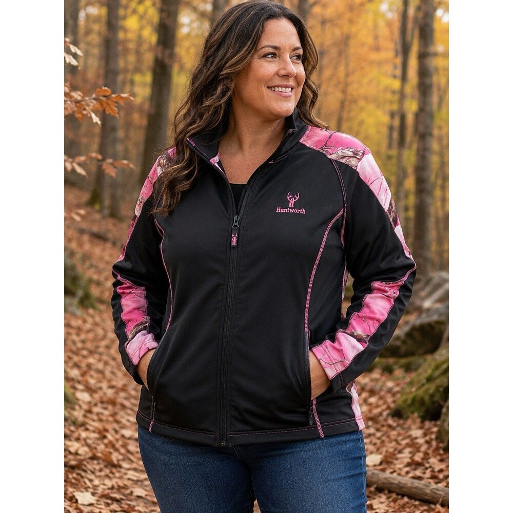 Huntworth Women’s 2XL Black Pink Camo Full Zip Softshell Hunting Jacket Outdoors